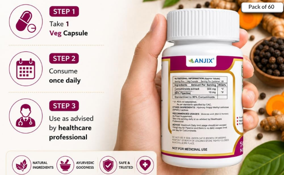 Curcumin Capsules with Piperine 500mg | 95% Curcumin Turmeric Extract | Supports Immune Health, Joint Comfort & Overall Wellness | 60 Vegetarian Capsules