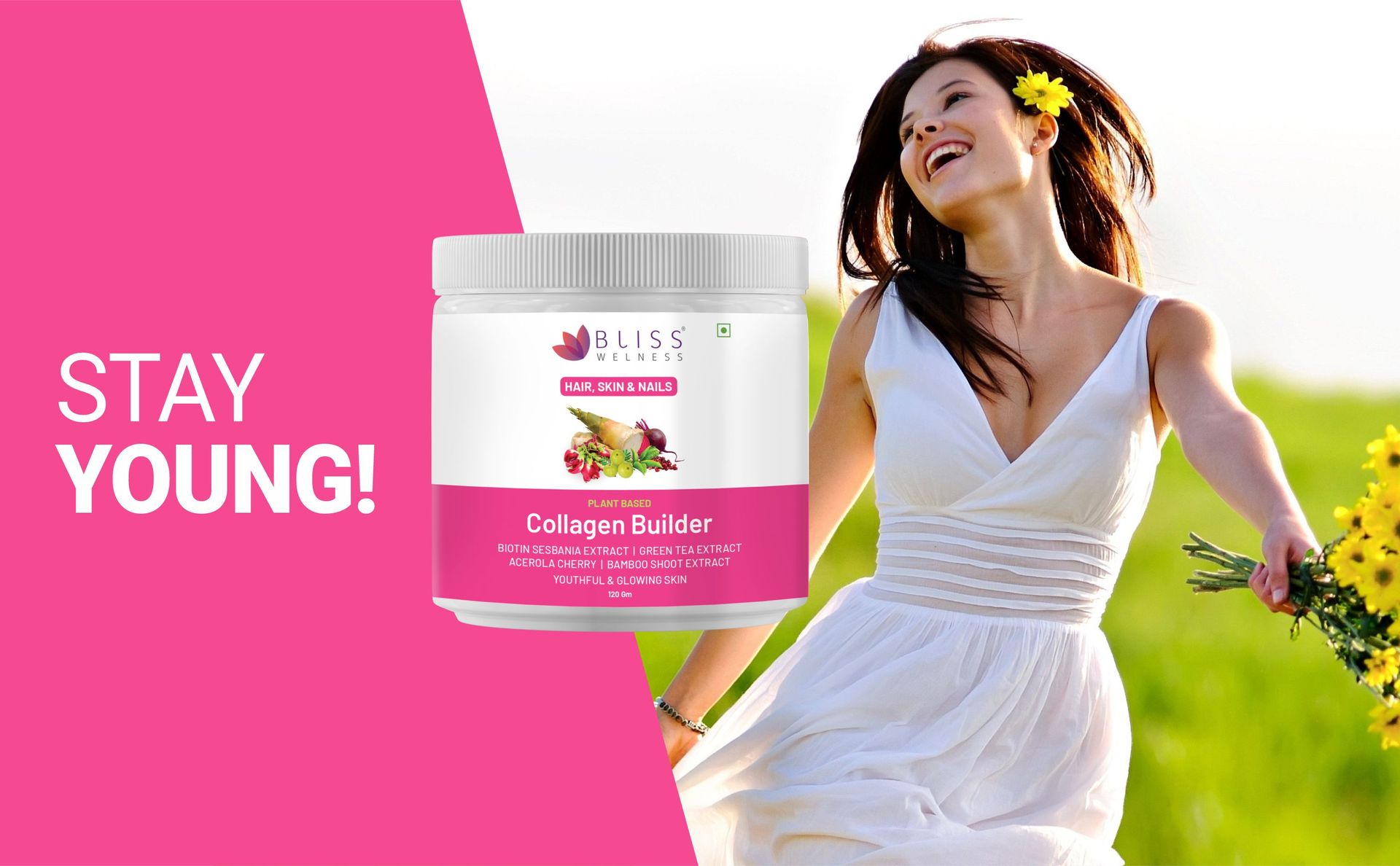 Bliss Welness Plant-Based Collagen Builder Powder | Biotin, Vitamin C, Acerola Cherry, Silica, Sesbania, Green Tea & Herbal Extracts | Glowing Skin, Healthy Hair, Reduced Pigmentation | 120g, Berry