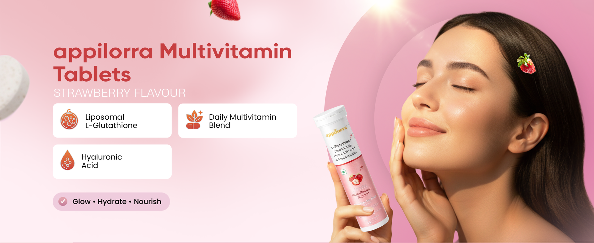 appilorra L-Glutathione Effervescent Tablets with Hyaluronic Acid, Multivitamins & Antioxidants for Glowing Skin, Hydration & Even Skin Tone Support | Strawberry Flavour | 15 Tablets