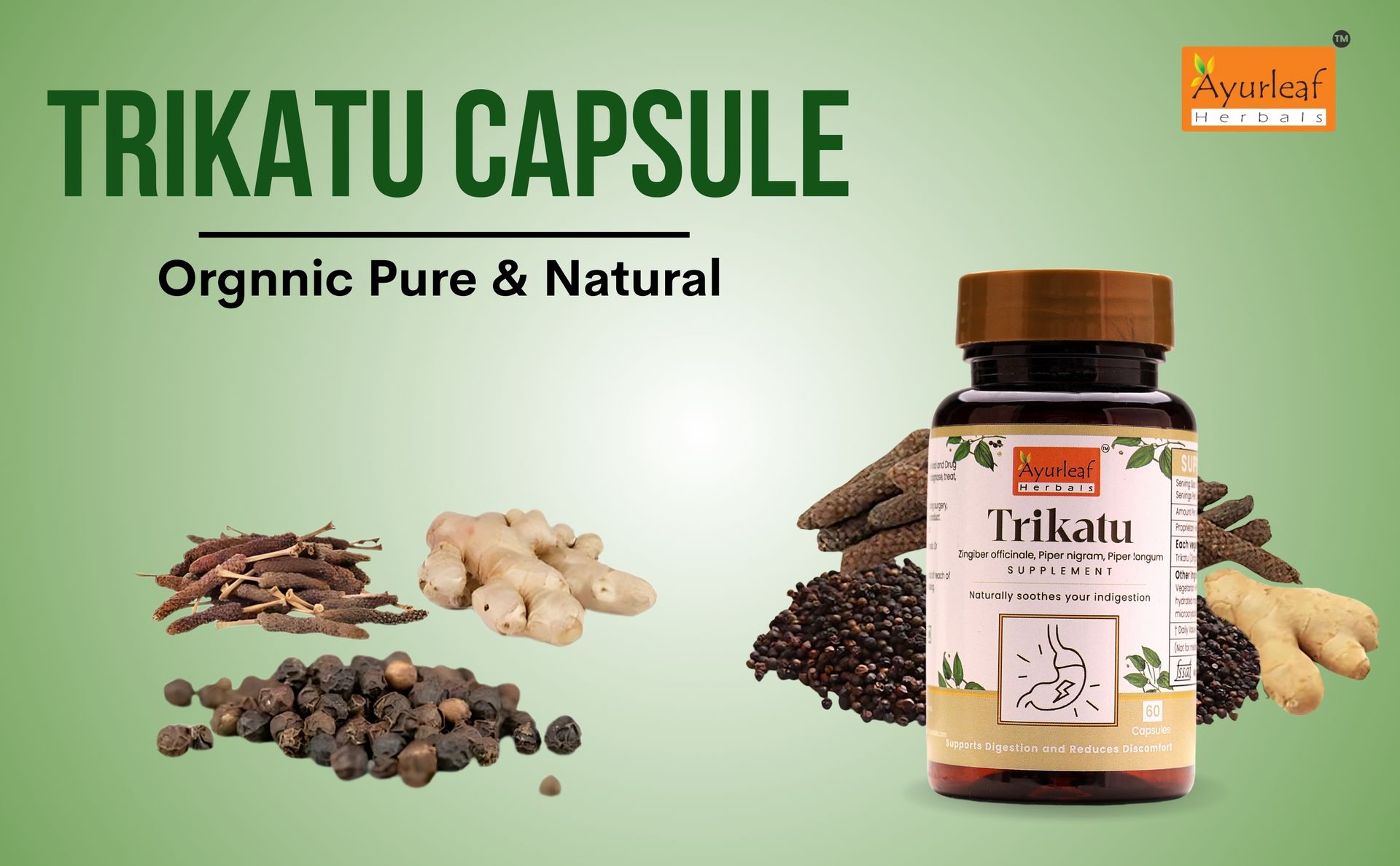 Ayurleaf Herbals Trikatu Capsules | For Good Digestion Care | 100% Natural, Ayurveda Herb, Nutrition Herbal Supplements (60 Capsules, Pack of 2)