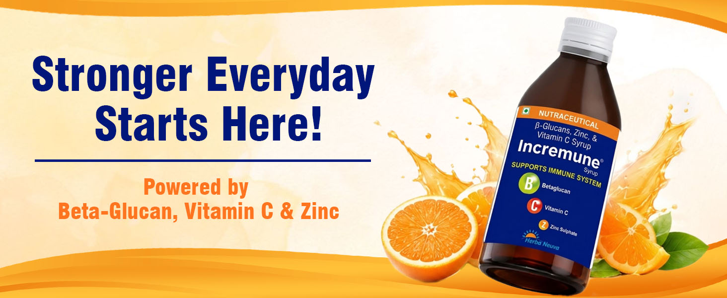 HERBA NEUVA Incremune Immunity Booster Syrup for Kids and Adults | Beta-Glucan with Vitamin C & Zinc | Supports Immune System | Helps Reduce Frequency of Recurrent Illness, Reduces Duration of Illness | Sweet Orange | 150 ml Syrup