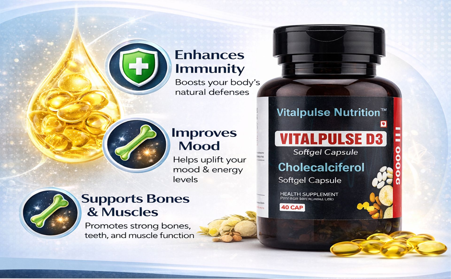 Vitamin D3 60000 IU Cholecalciferol Softgel Capsules | High Potency | Bone Strength, Immunity & Joint Health | Gluten & Soy Free | 40 Softgels