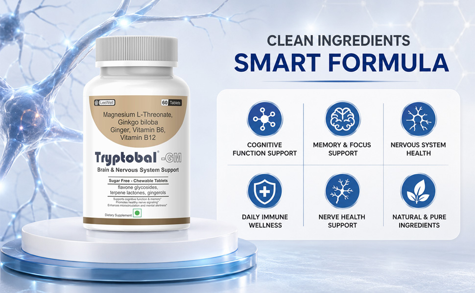 GM (LeeWell) Chewable Magnesium L Threonate Supplement Ginkgo Biloba, Ginger, Vitamin B6 & B12, Brain & Cognitive Memory Support, Sugar Free- 60 Tablets