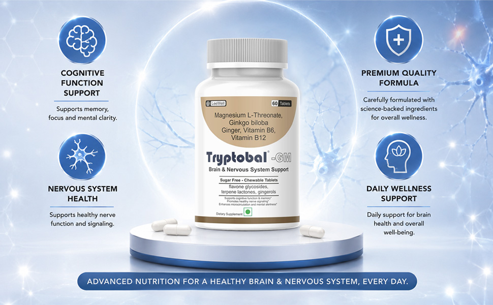 GM (LeeWell) Chewable Magnesium L Threonate Supplement Ginkgo Biloba, Ginger, Vitamin B6 & B12, Brain & Cognitive Memory Support, Sugar Free- 60 Tablets