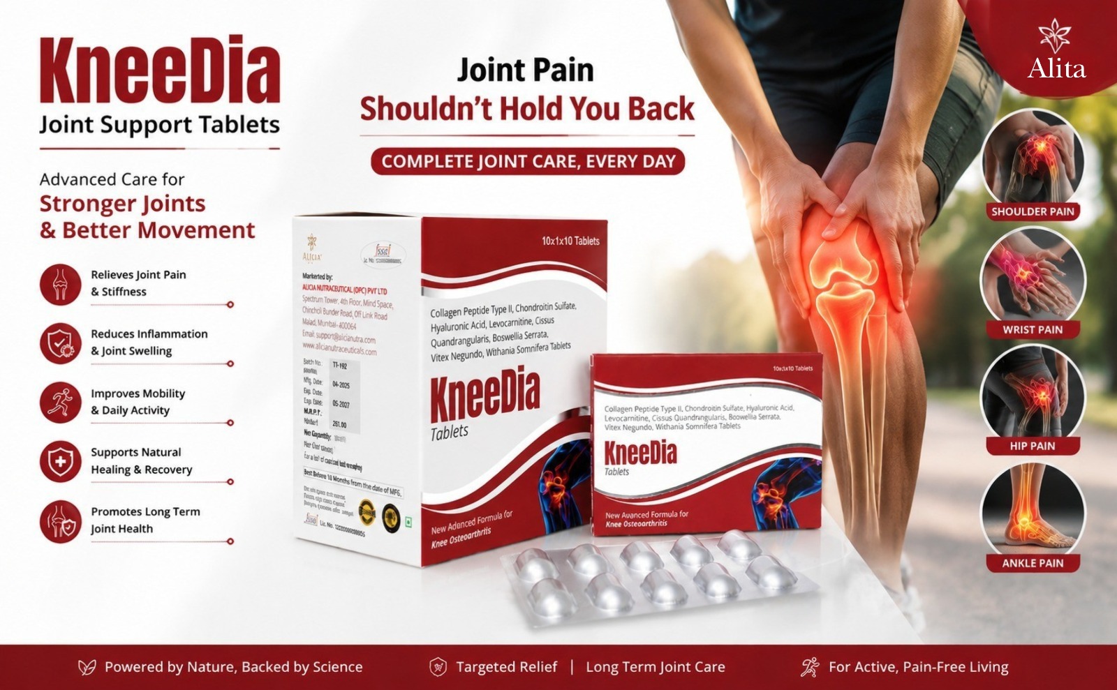 KNEEDIA Joint Support Tablets | Boswellia Glucosamine MSM Collagen Supplement, 10 Tablets