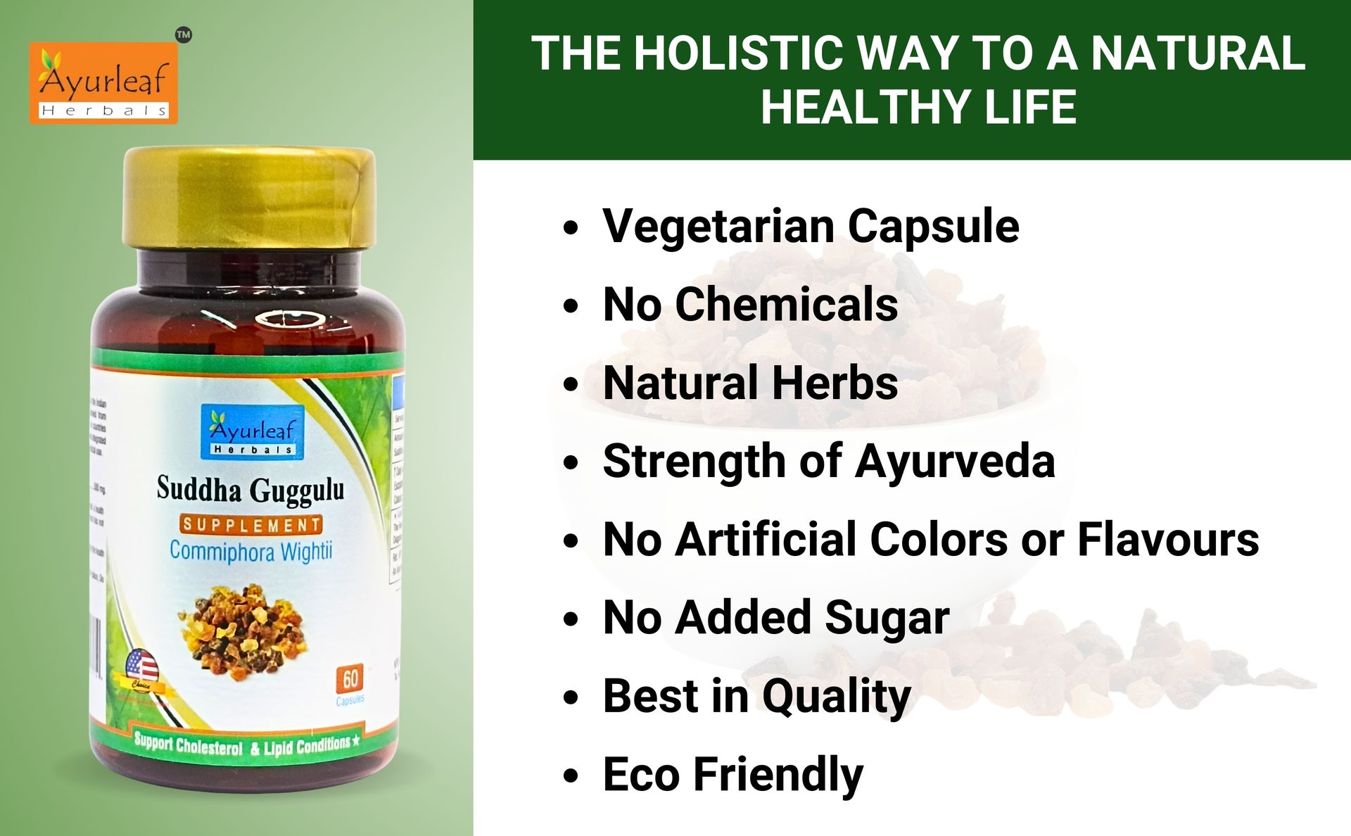 Ayurleaf Herbals Pure Ayurvedic Shuddha Guggulu Capsule | Health and Wellness Support | Weight and Cholesterol Management | Stress Relief and Immunity Booster (60 Capsules)