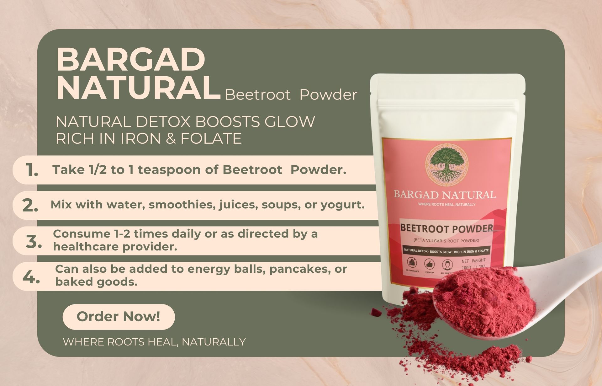 Organic Beetroot Powder 100G | Natural Antioxidants Beetroot Powder for Drinking, Post & Pre Workout | Beet Root Powder Boost Immunity & Stamina |Ultimate Skin & Health Remedy