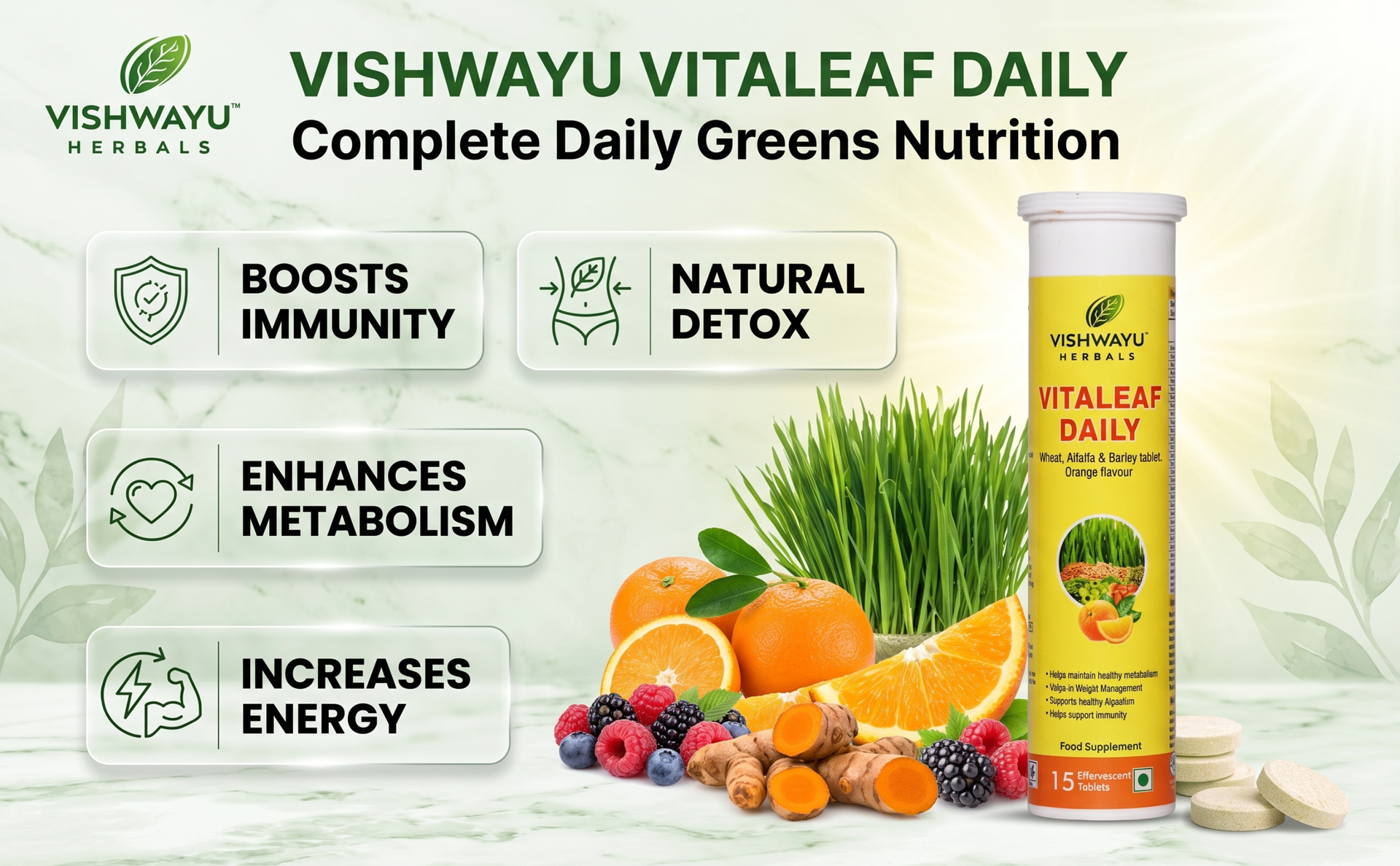 Herbals Vitaleaf Daily Effervescent Tablets (15 Tablets) | Complete Daily Greens for Immunity, Energy & Metabolism | With Wheat,Alfalfa & Barley | Plant-Based, Vegan & Gluten-Free | Pure Organic | Refreshing Orange Flavor