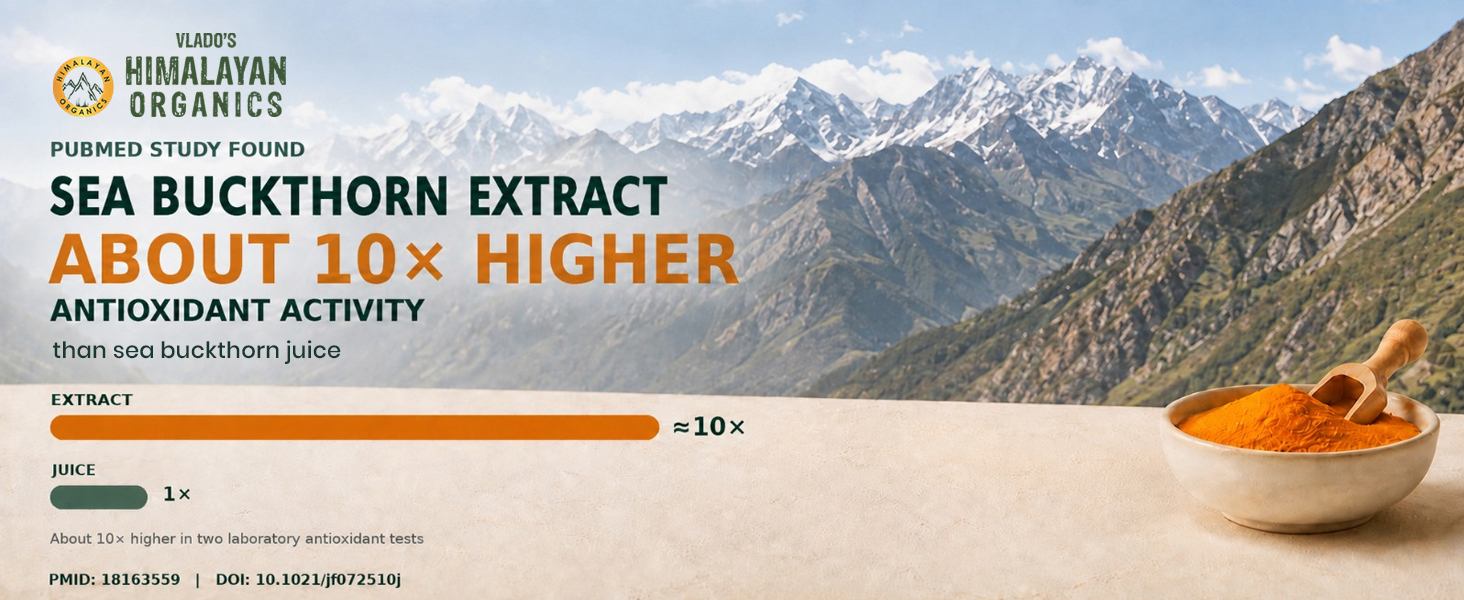 Vlado's Himalayan Organics Sea Buckthorn - 1200mg - Rich source of Omega 3-6-7-9 I 190+ Bio-active Elements ( vitamin A,B,C,D,E, ) Vitmain K - 18+ amino acids+ I Antioxidants, Immunity & Collagen Boosting, Supports Skin, Gut, Heart, Muscle, Bone - Direct source from ladakh- 60 Veg Extract Tablets