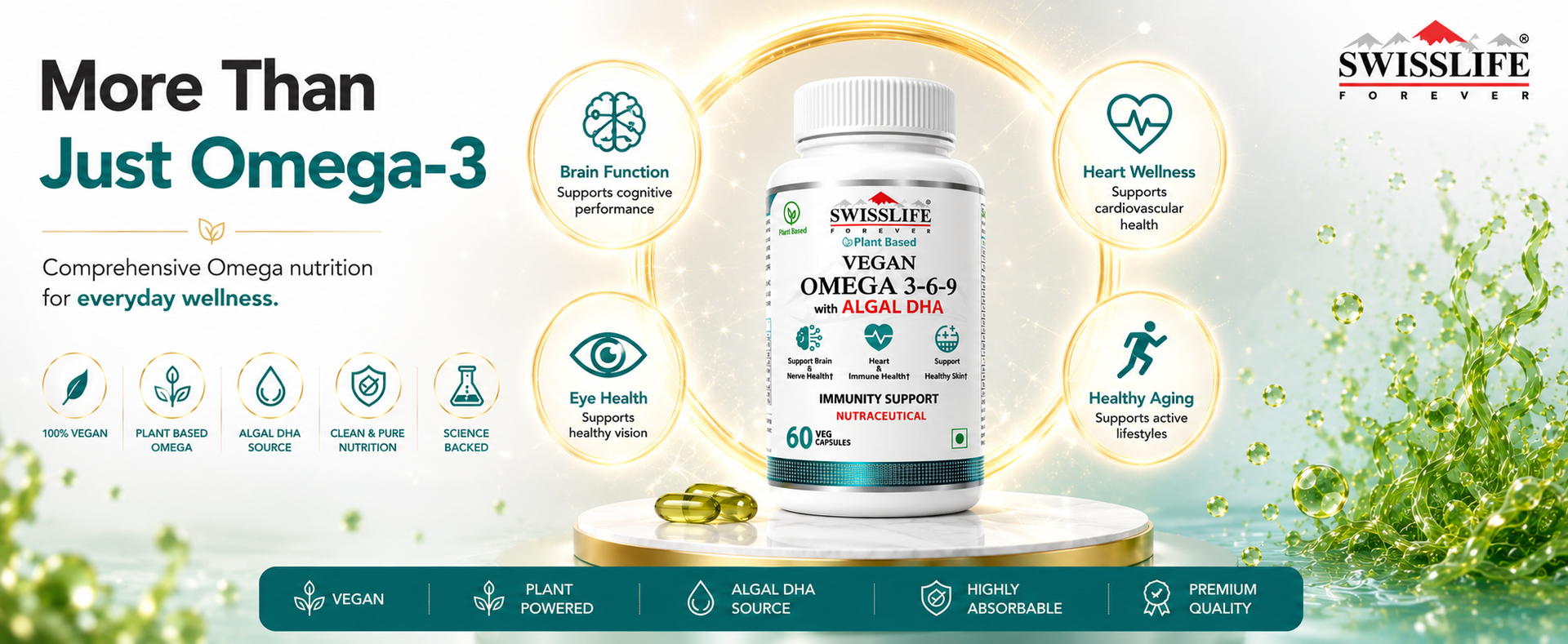 SwissLife Forever Plant Based Vegan Omega 3 6 9 with Algal DHA | Support Brain, Nerve, Heart & Immune Health | Healthy Skin for Men & Women (60 Capsules)