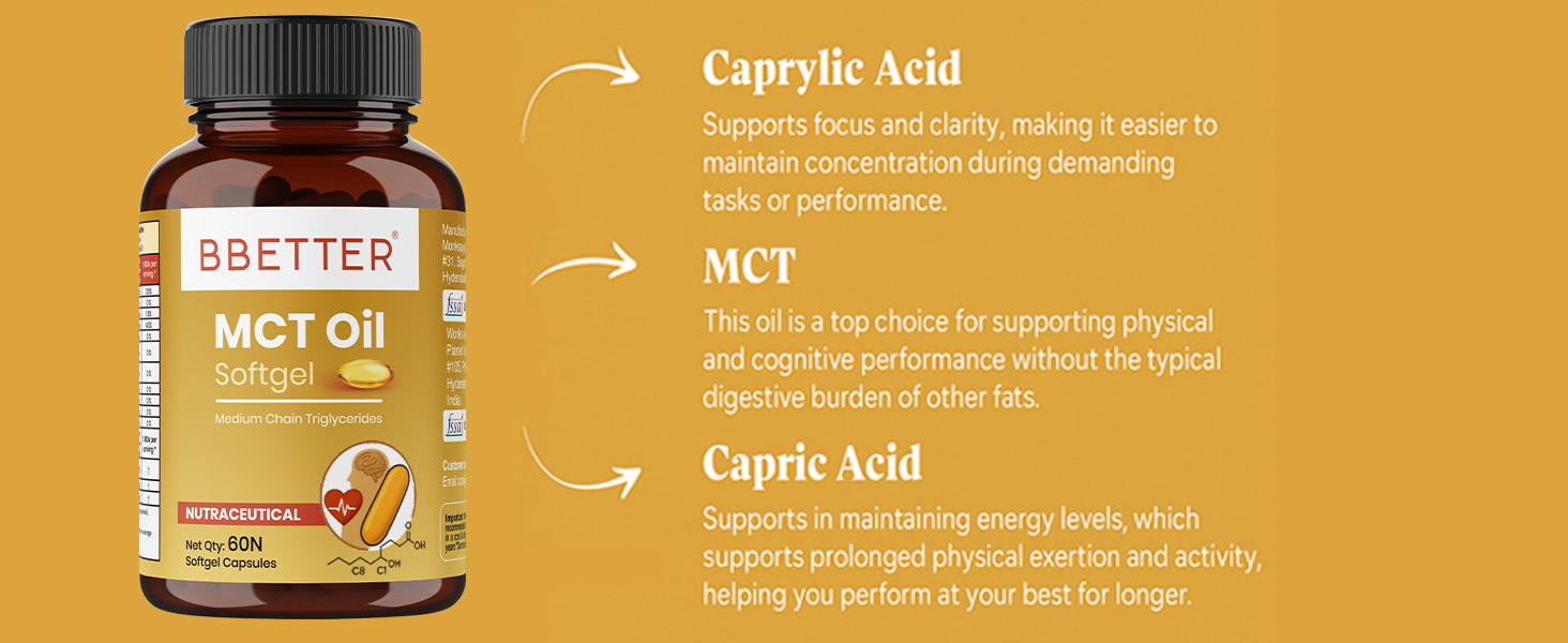 BBETTER MCT Oil Softgels | C8 Caprylic & C10 Capric Acid | Supports Energy, Metabolism, Focus & Brain Function | Keto & Paleo Friendly | 60 Softgels