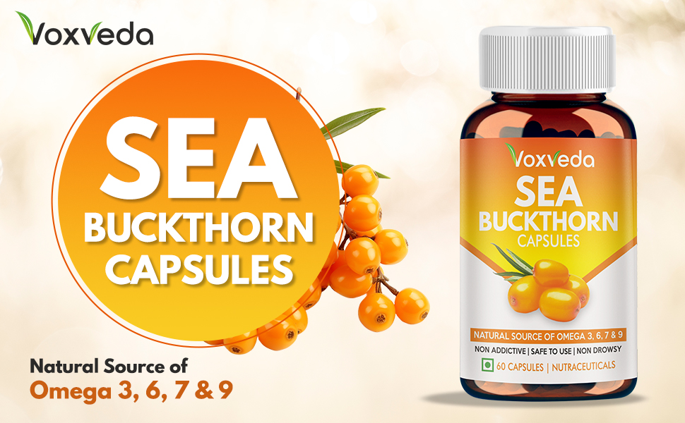 Voxveda's Sea Buckthorn Capsules Rich in Omega 3, 6, 7 & 9 - Immunity Booster | Natural Herbal Capsules | Super Antioxidant | Restores Skin Health