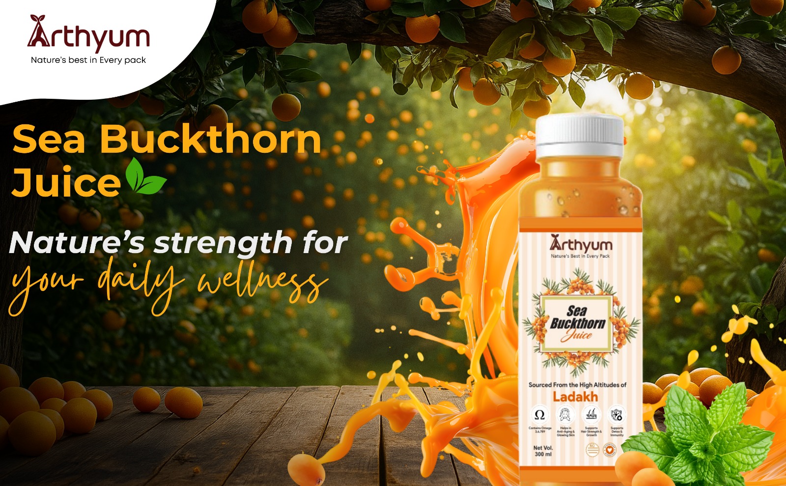 Arthyum Sea Buckthorn Juice Pulp Concentrate 300ml | Cold Pressed Rich In Omega 3,6,7,9 | Natural Vitamin C, Antioxidants | Immunity Booster, Skin Glow, Gut Health Support Herbal Juice | Sourced From Ladakh | Make 50 Glasses | Natural Health Drink | No Added Sugar
