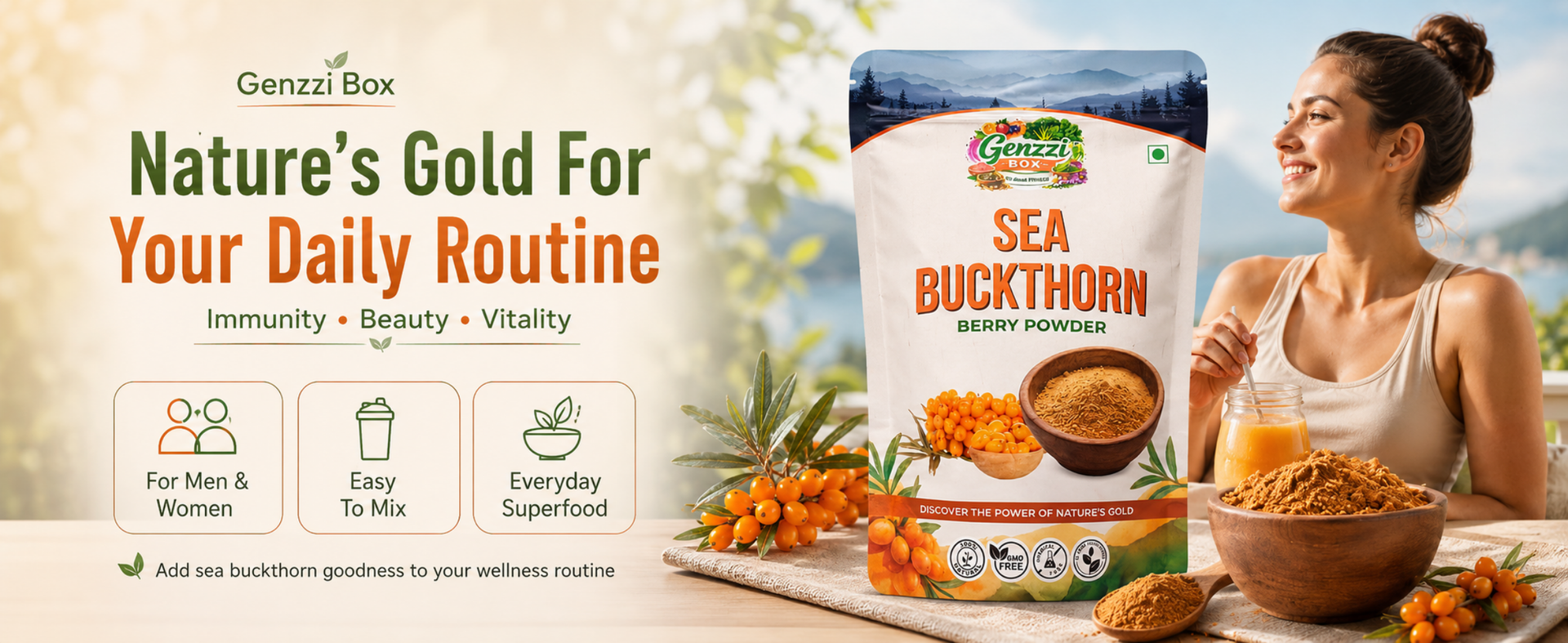 Genzzi Box Himalayan Sea Buckthorn Berries Powder | Rich in Omega 3, 6, 7, 9 | Collagen, Fiber, Vitamin C, Vitamin E | Dry Sea Buckthorn Berry Powder (200Gm)