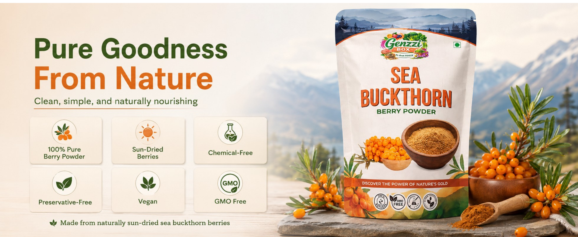 Genzzi Box Himalayan Sea Buckthorn Berries Powder | Rich in Omega 3, 6, 7, 9 | Collagen, Fiber, Vitamin C, Vitamin E | Dry Sea Buckthorn Berry Powder (200Gm)