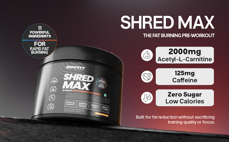 Shred Max Fat Burner – Ultimate Fat Loss Supplement for Men & Women| L-Carnitine, CLA, Green Tea & Caffeine | Zero Sugar, Low Calorie | 30 Servings, 210g | Tangy Orange Flavour