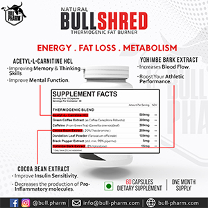 BULLSHRED | THERMOGENIC FAT BURNER | REGULATES APPETITE | TRIGGERS THERMOGENESIS | ACETYL-L-CARNITINE, GREEN COFFEE, GREEN TEA CAFFEINE, DANDELION LEAF, YOHIMBE BARK | 60 CAPSULES | FSSAI APPROVED