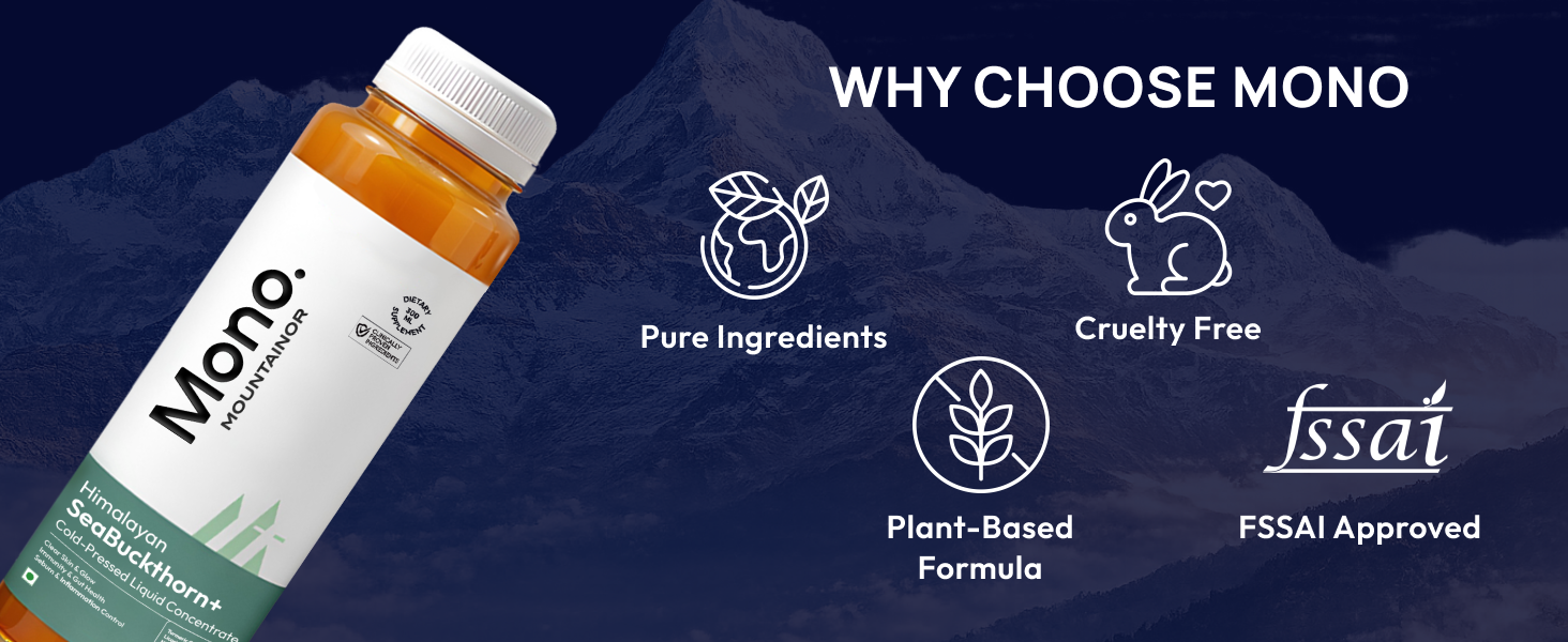 Mono Sea buckthorn Juice 300ml | India's 1st Himalayan, 100% Pure Cold-Pressed SeaBuckthorn Berry Pulp Concentrate | Support Immunity, Acne, Skin Glow & Gut Health | 50 Glasses Vit C & Omega 3 6 7 9 Antioxidants.