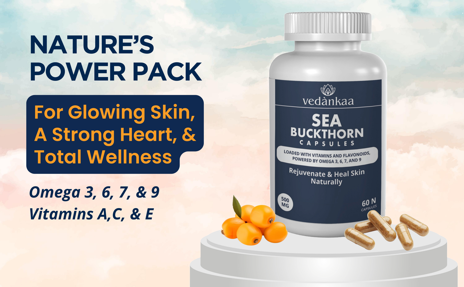 Vedankaa Sea Buckthorn Omega Capsules for Wellness & Immunity | 60 Caps