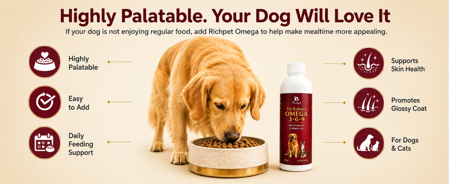 Fur Radiance Omega 369 for Dogs & Cats (220 ml), Dog Skin and Coat Supplement with EPA DHA, Omega 3 6 9 Liquid Formula, Vitamins, Biotin & Zinc for Healthy Skin, Shiny Coat & Reduced Shedding