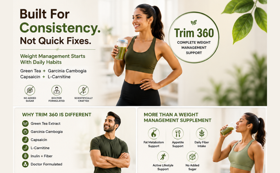 Trim 360 Natural Weight Management Supplement | Green Tea Extract, Garcinia Cambogia, Capsaicin, L-Carnitine & Fiber | Fat Metabolism & Appetite Support | No Added Sugar | 14 Sachets