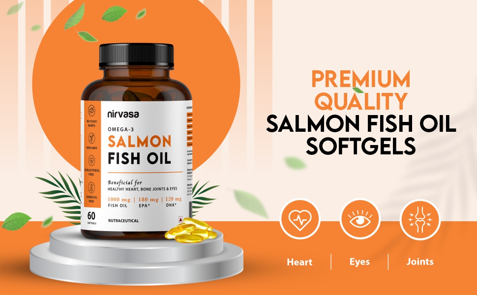 Nirvasa Omega-3 Salmon Fish Oil Capsules (1000mg, 3x60 Softgels) | High-Potency 180mg EPA & 120mg DHA | Supports Heart, Brain, Eye & Bone Health | No Fishy Burps | For Men & Women – Pack of 3