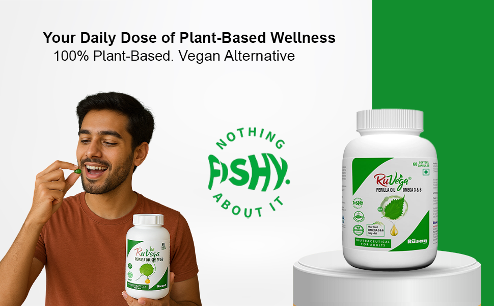 Rusan RuVega Plant-Based Omega 3 & 6 Softgel 60 Capsules | Herbal Perilla Oil with ALA | Fish-Free Softgel Nutraceutical for Adults | Vegan Supplements | Supports Heart, Brain, Joint & Skin Health