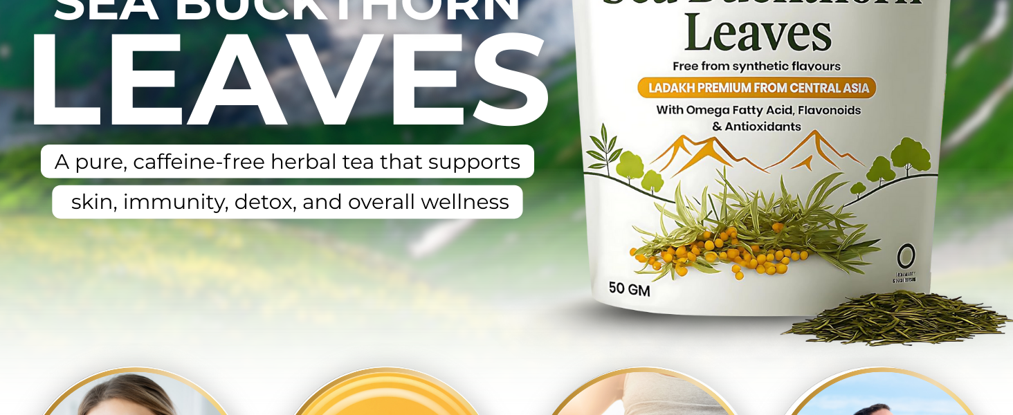 Unitedlys Himalayan Sea Buckthorn Leaves 50g | Supports Skin & Immunity | Caffeine-Free, Sun-Dried Sea buckthorn for Wellness & Healthy Lifestyle