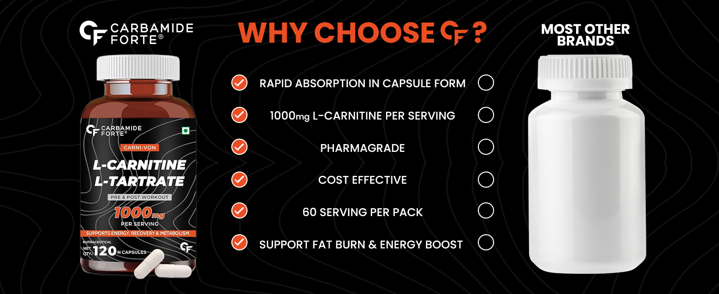 Carbamide Forte L-Carnitine L-Tartrate 1000mg Pre Workout Supplement - 120 Veg Capsules & Night & Day Fat Burner for Men & Women | 24-Hour Metabolic Support & Weight Loss Support - 60 Capsules Each