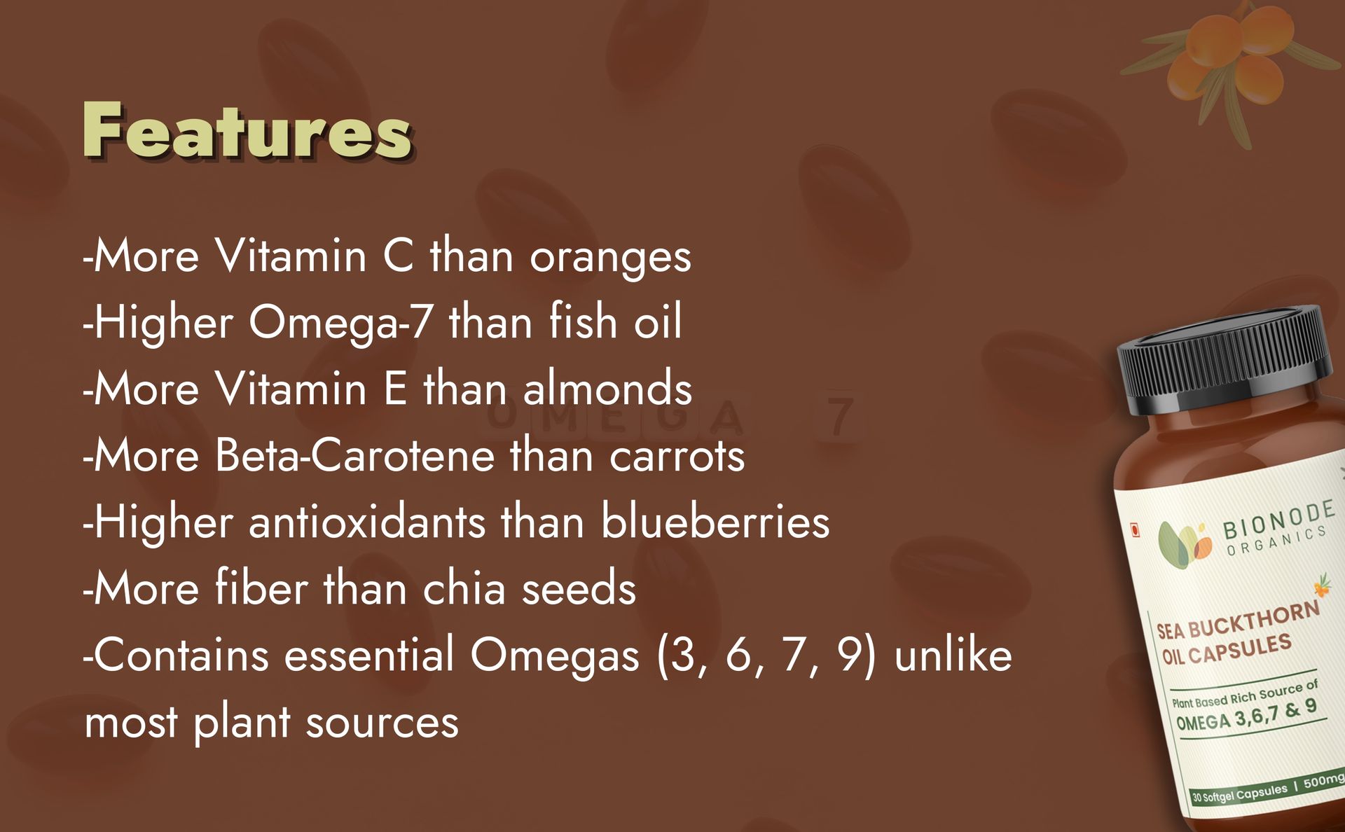 Sea Buckthorn Oil Capsules, 500mg, Plant Based Omega 3 6 7 9, 30 Softgels