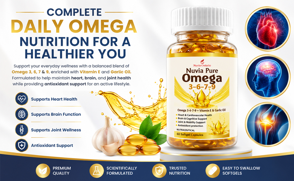 Nuvia Pure Omega 3-6-7-9 Softgel Capsules with Vitamin E & Garlic Oil | Supports Heart, Brain & Joint Health | Antioxidant Support | Nutraceutical | 60 Softgels