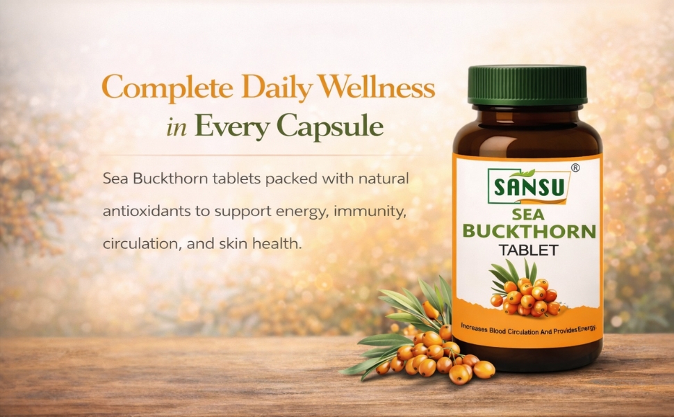Sansu Sea Buckthorn Tablet for Energy, Circulation & Immunity Support, Antioxidant Rich Dietary Supplement for Skin Protection & Daily Wellness – 60 Capsules Pack