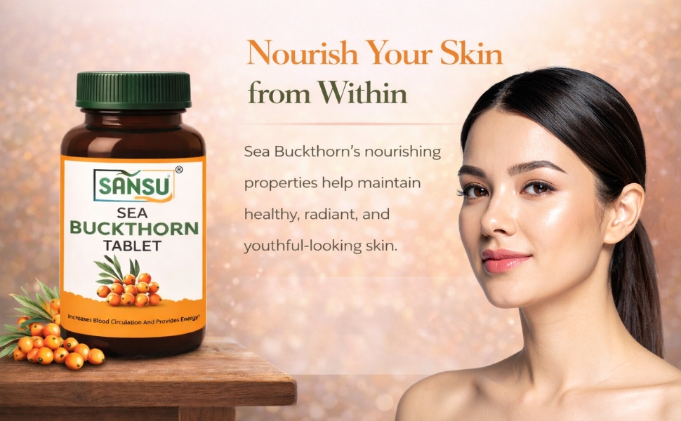Sansu Sea Buckthorn Tablet for Energy, Circulation & Immunity Support, Antioxidant Rich Dietary Supplement for Skin Protection & Daily Wellness – 60 Capsules Pack