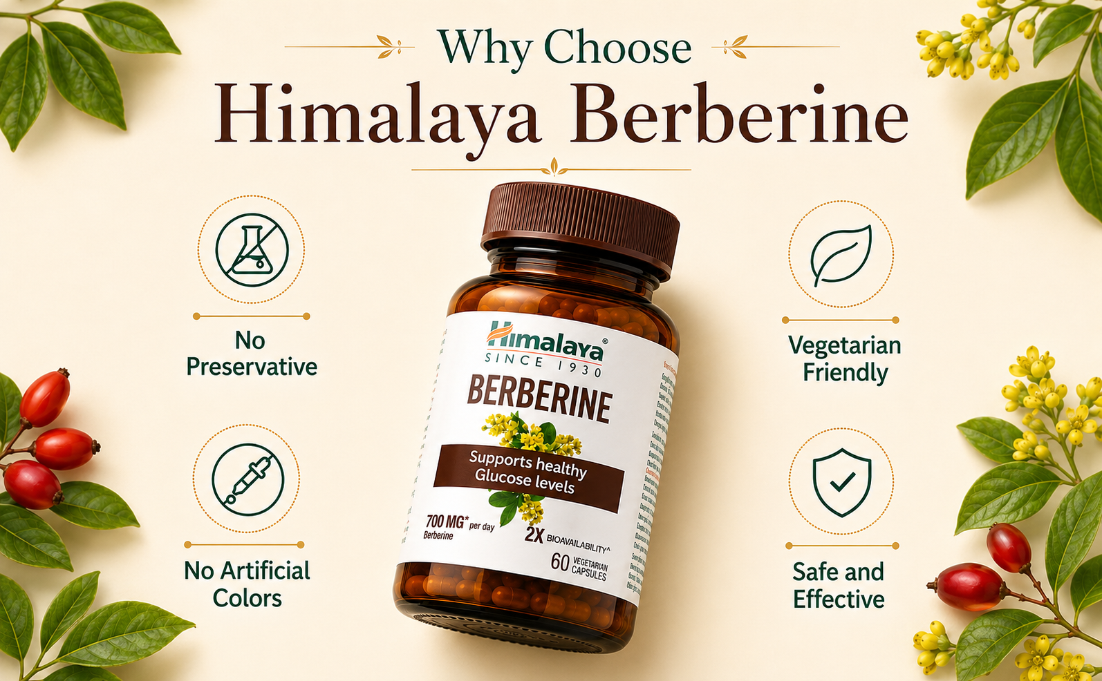 Himalaya Berberine Capsules | Supports Healthy Glucose and Cholesterol Levels | 2X Bioavailability | 700 mg Berberine Per Day | Vegetarian, No Artificial Colours, Preservative Free | 60 Capsules