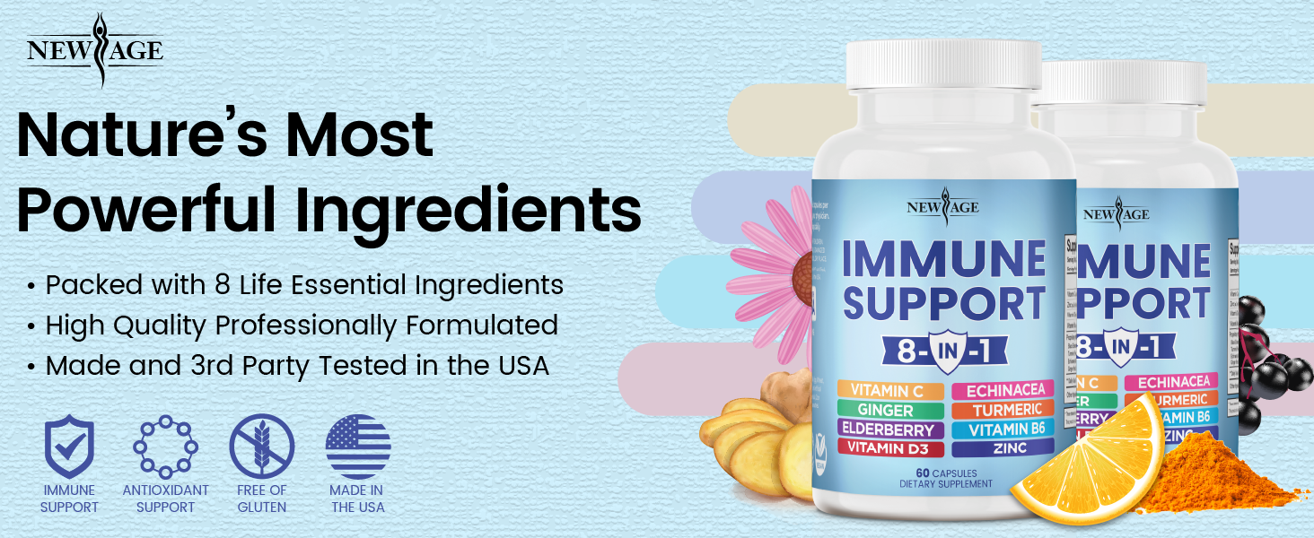 NEW AGE 8 in 1 Immune Support Booster Supplement with Echinacea, Vitamin C and Zinc 50mg, Vitamin D 5000 IU, Turmeric Curcumin & Ginger, B6, Elderberry 120 Count (Pack of 2)