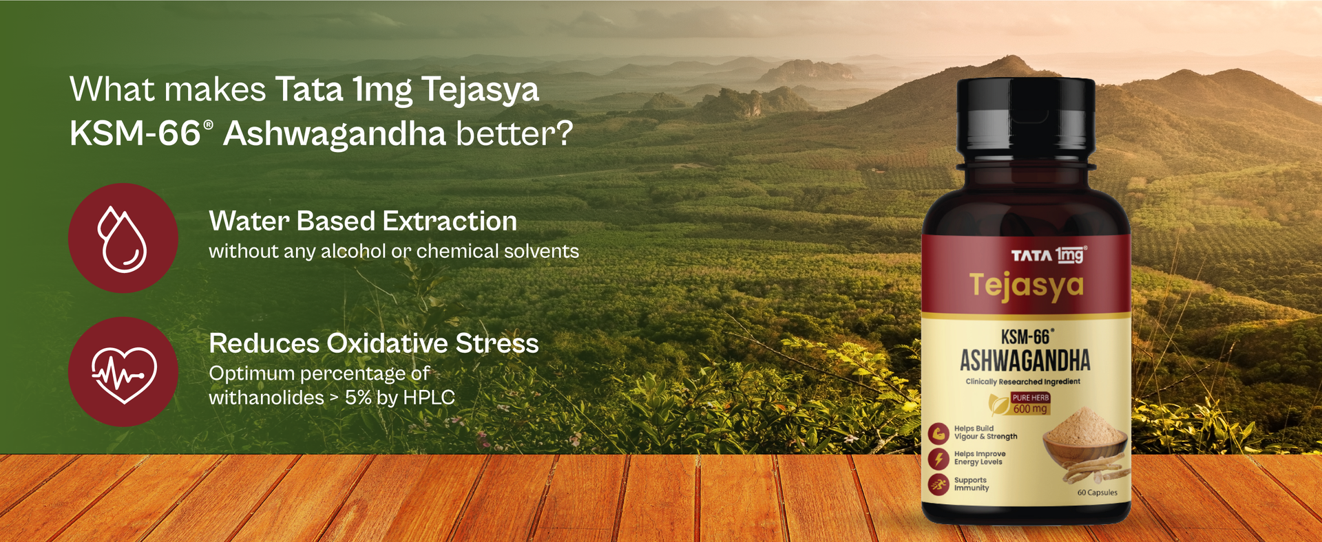 Tata 1mg Tejasya Ashwagandha KSM-66 Capsules | 600 mg Root Extract per Capsule | Supports Energy & Stamina | Clinically Researched | USDA Organic | Non-GMO | 60 Capsules