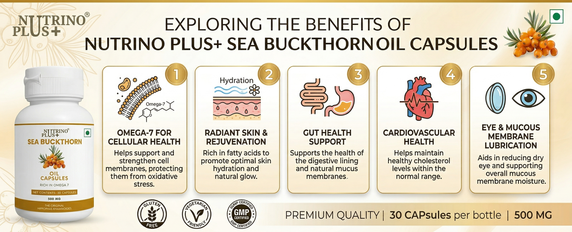 Sea Buckthorn Oil Capsules 500mg | All 4 Omegas — 3, 6, 7 & 9 in One Softgel | Hippophae Rhamnoides | Supports Heart, Joints, Skin & Gut Health | 30 Dietary Supplement Capsules