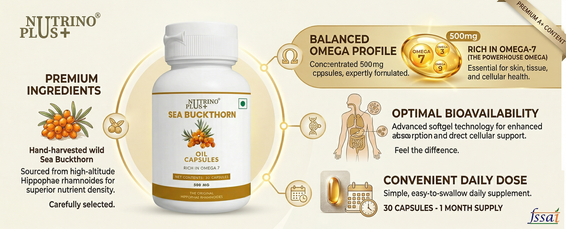 Sea Buckthorn Oil Capsules 500mg | Relieves Dry Eyes, Dry Skin & Gut Inflammation | Omega 7 Palmitoleic Acid | Hippophae Rhamnoides Extract | Antioxidant Dietary Supplement | 30 Softgels