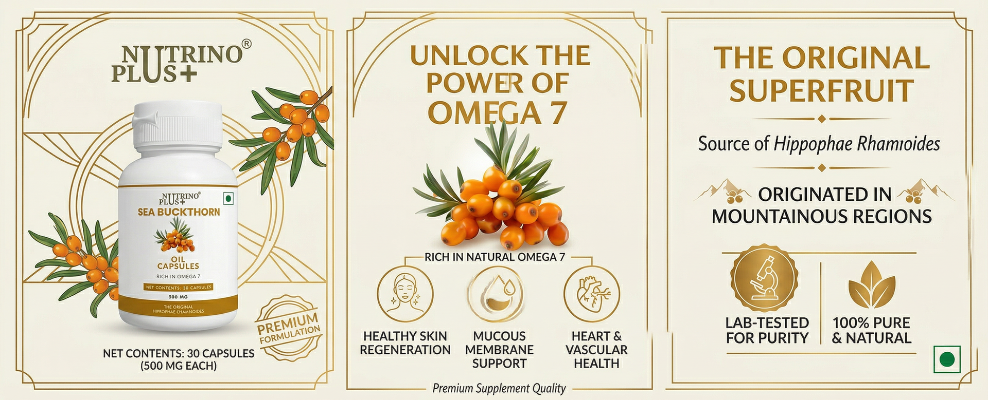 Sea Buckthorn Oil Capsules 500mg | Relieves Dry Eyes, Dry Skin & Gut Inflammation | Omega 7 Palmitoleic Acid | Hippophae Rhamnoides Extract | Antioxidant Dietary Supplement | 30 Softgels