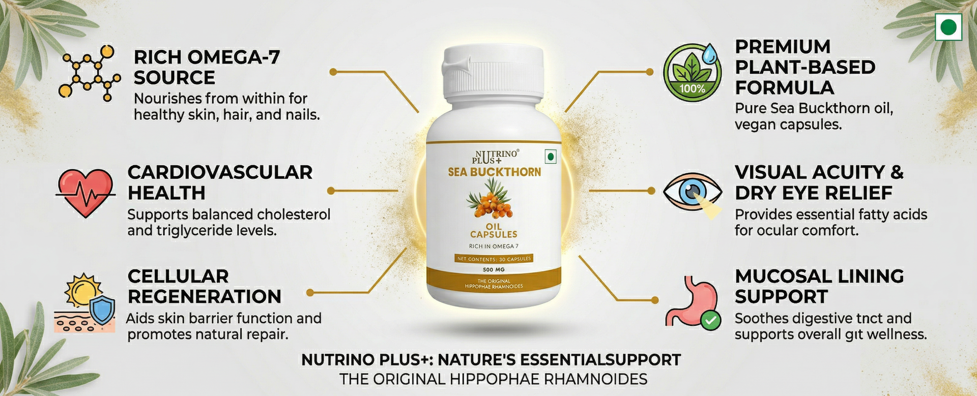 Sea Buckthorn Oil Capsules 500mg | Skin Glow & Anti-Ageing Supplement | Rich in Omega 7, Vitamins C & E | Hippophae Rhamnoides Extract | Antioxidant Capsules for Men & Women | 30 Count