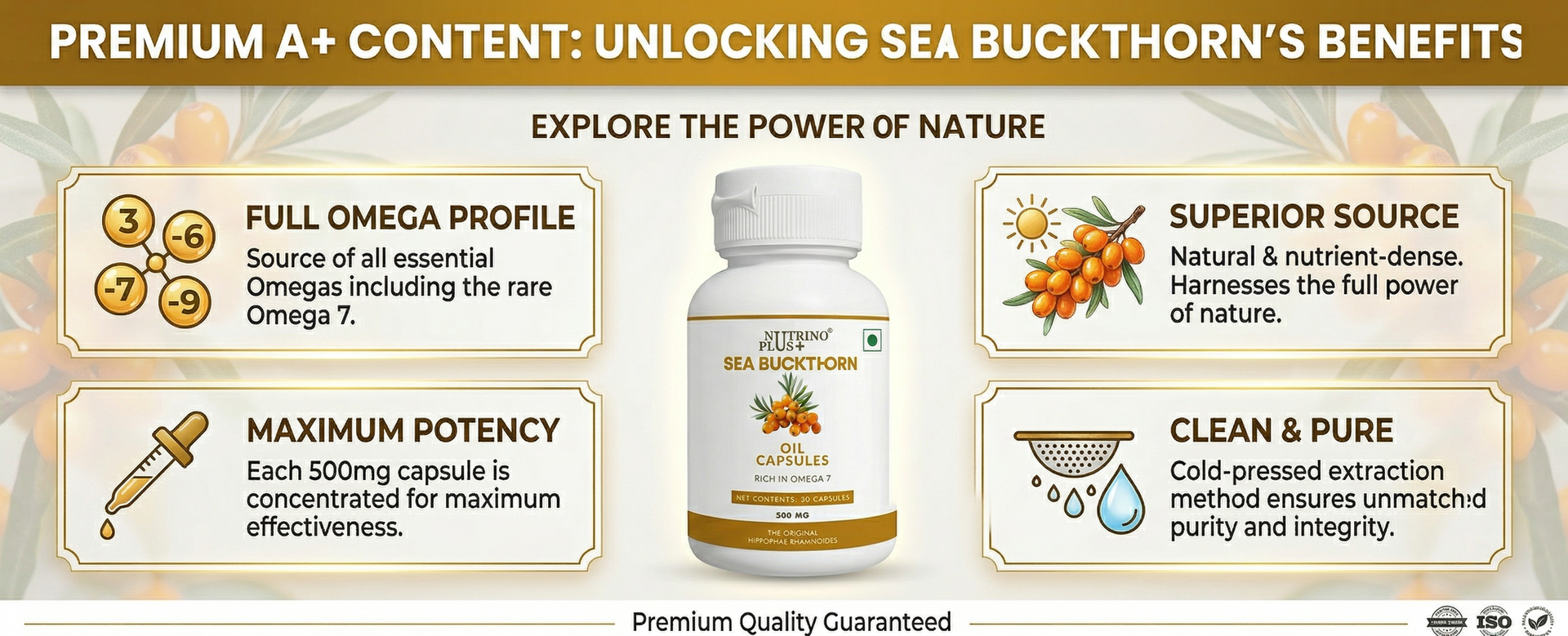 Sea Buckthorn Oil Capsules 500mg | Skin Glow & Anti-Ageing Supplement | Rich in Omega 7, Vitamins C & E | Hippophae Rhamnoides Extract | Antioxidant Capsules for Men & Women | 30 Count