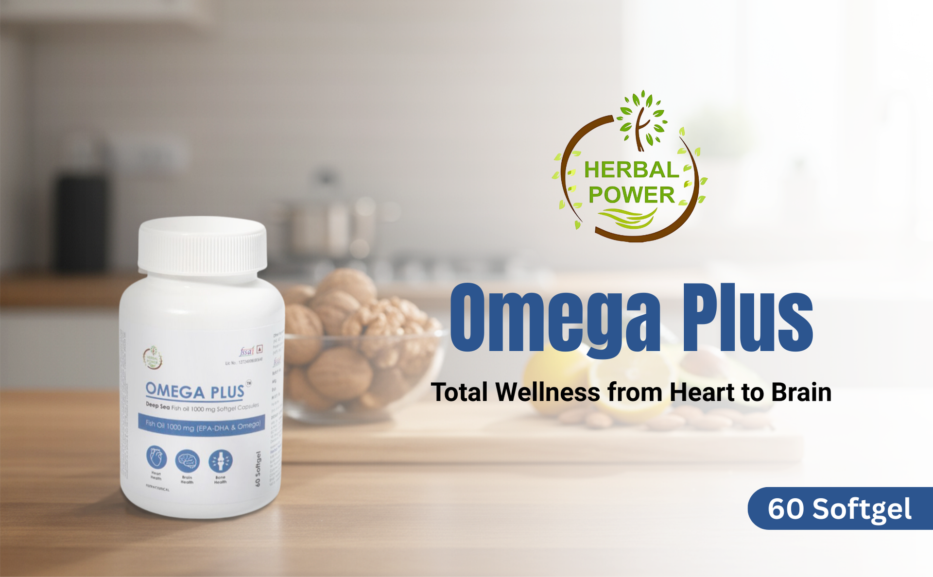 Omega Plus Softgel Capsules | Omega 3-6-9 with EPA, DHA & Vitamin E | Heart, Brain, Joint & Immunity Wellness | 60 Softgels