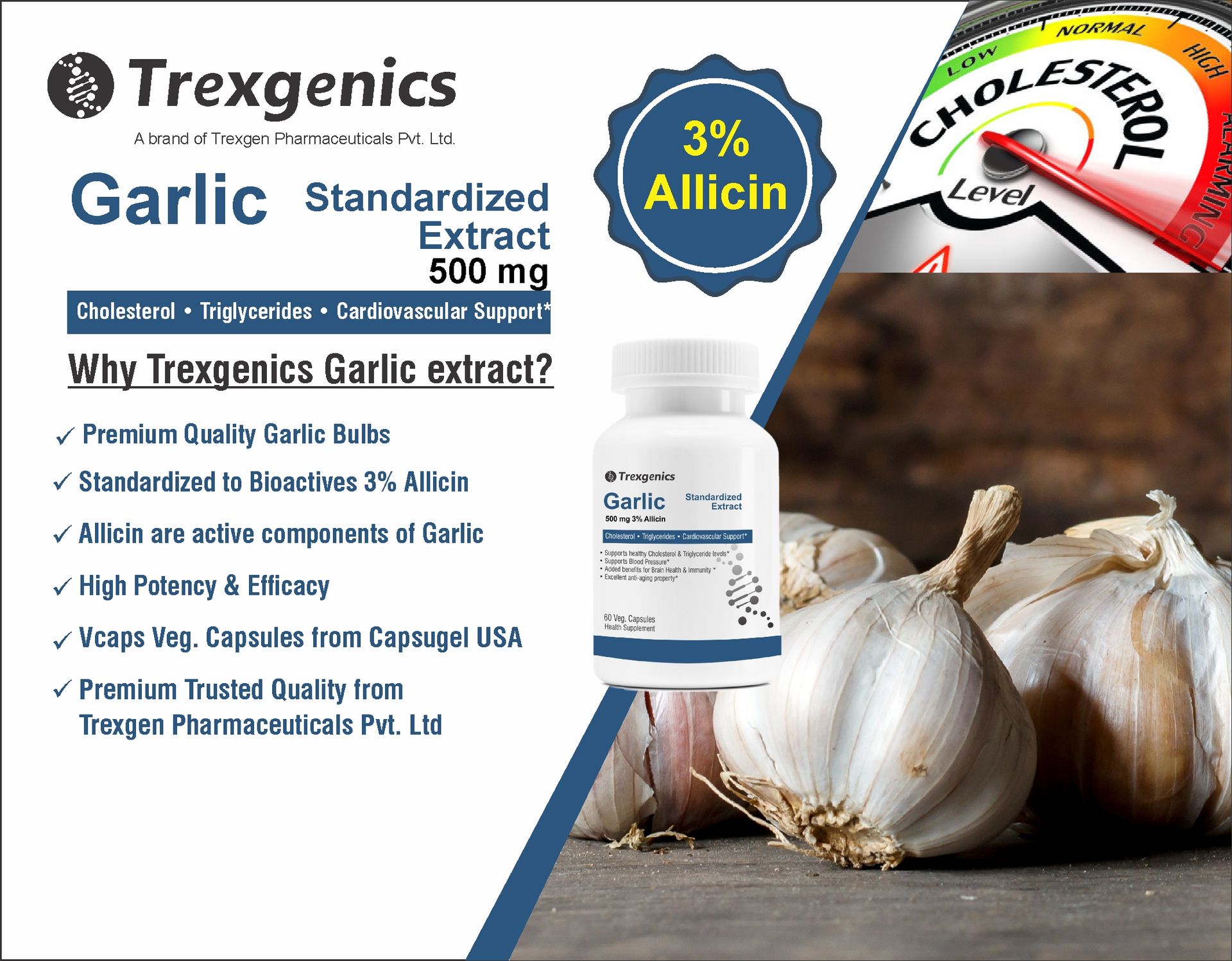 Trexgenics GARLIC (Bioactive 3% Allicin) 500mg Cholesterol, Triglycerides, Cardiovascular, Immunity Support* (60 Vcaps) (1)