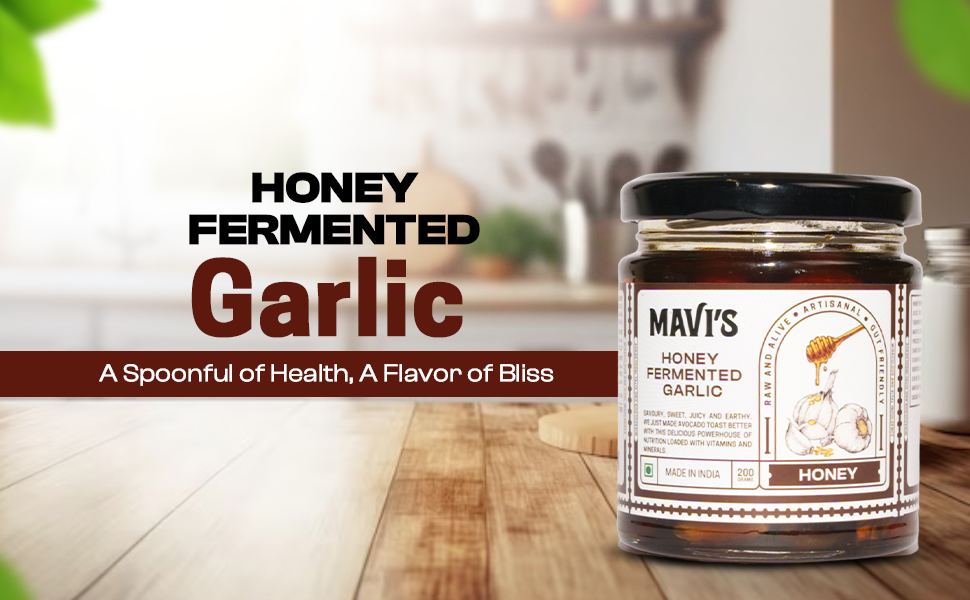 MAVI's Honey Fermented Garlic | 4 Month Fermented | Organic Garlic Pods and Wild Raw Honey | No Preservatives, Artificial Flavour, Colour or Sweetener | 200g | Pack of 1