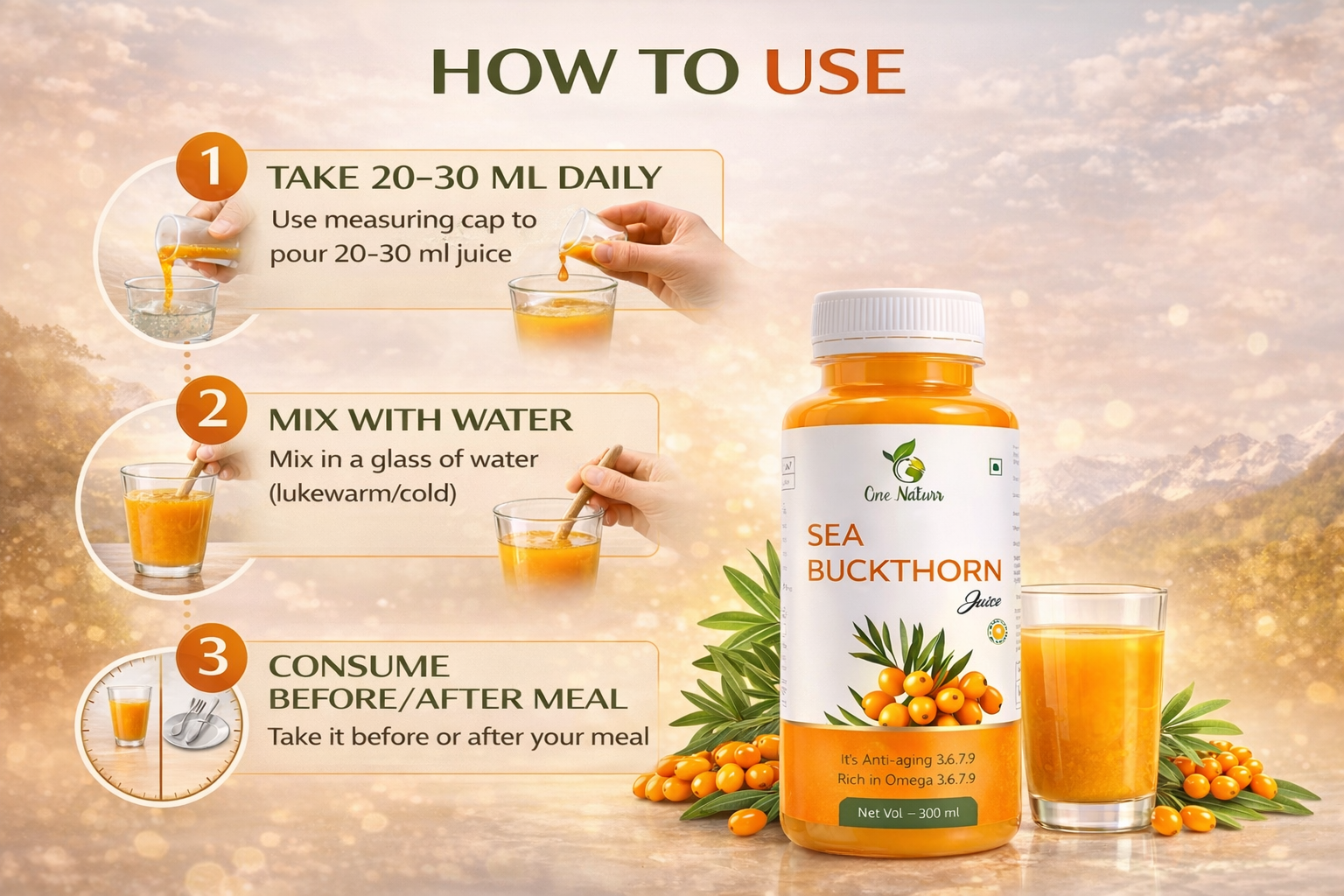 One Naturr - Sea Buckthorn Juice, Himalayan Berry Juice - 300ml, Anti-aging, Rich in Omega 3 6 7 9, Orange, Liquid Form, Gluten Free (3, 900 ml)