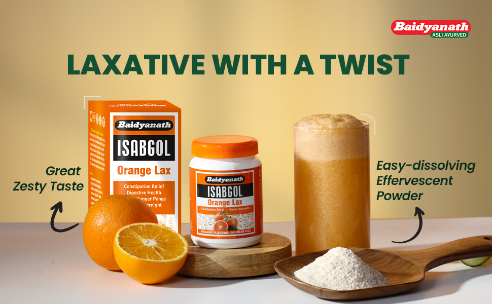 Baidyanath Isabgol Psyllium Husk Orange Lax Powder| Tasty Natural Fibre Laxative for Constipation Relief & Digestion | Effervescent, Gluten - 250g