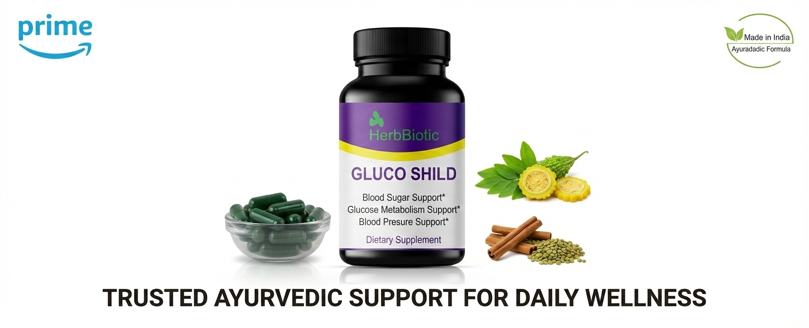 Blood Sugar Support Supplement – Herbal Glucose Metabolism & Heart Health Formula with Gudmar, Haridra, Karela, Amla, Neem – 60 Capsules – Non-GMO, Vegan (1) | gluco shield herb biotic
