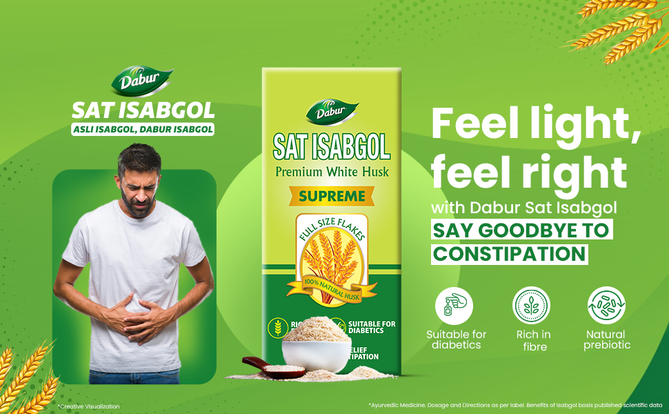 Dabur Sat Isabgol (Psyllium Husk) - 180g | Rich in Fiber | Provides Effective Relief from Constipation & Bloating | Promotes Bowel Health | Non-Habit Forming | 100% Ayurvedic