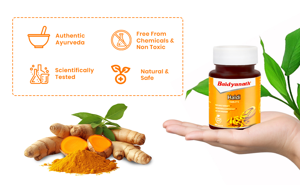 Baidyanath Ayurved Turmeric Tablets 60 tabs | With Natural Haldi Extract | Helps Boost Immunity, Blood Cleansing, Skin Problems, Strengthen Digestion (Pack of 2)