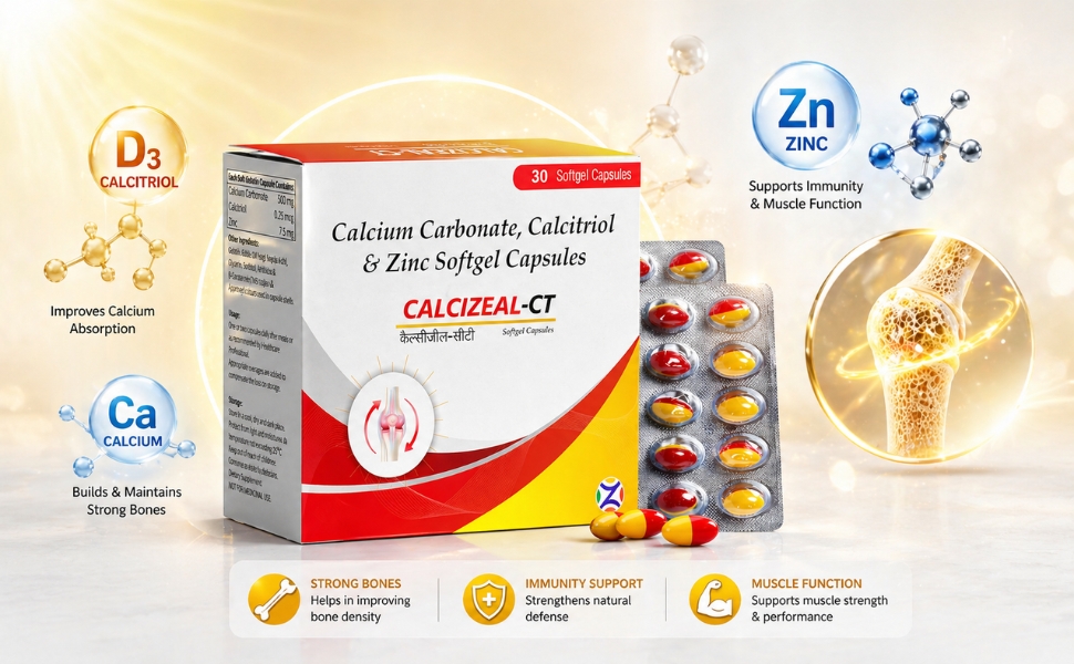 Calcium Carbonate, Calcitriol & Zinc Softgel Capsules | Calcizeal-CT - Bone Strength, Joint Support & Muscle Health Supplement | Best Calcium & Zinc Softgels for Bone Loss Prevention | 30 Capsules